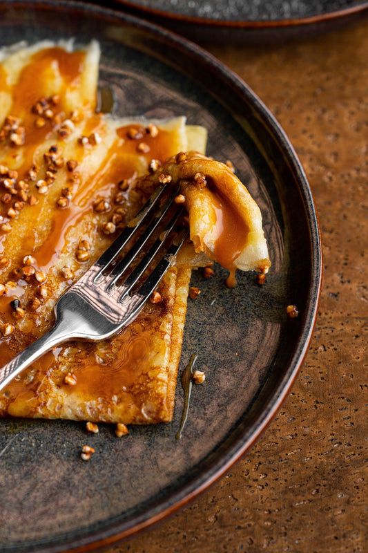 Crêpes au caramel sarrasin et popcorn sarrasin